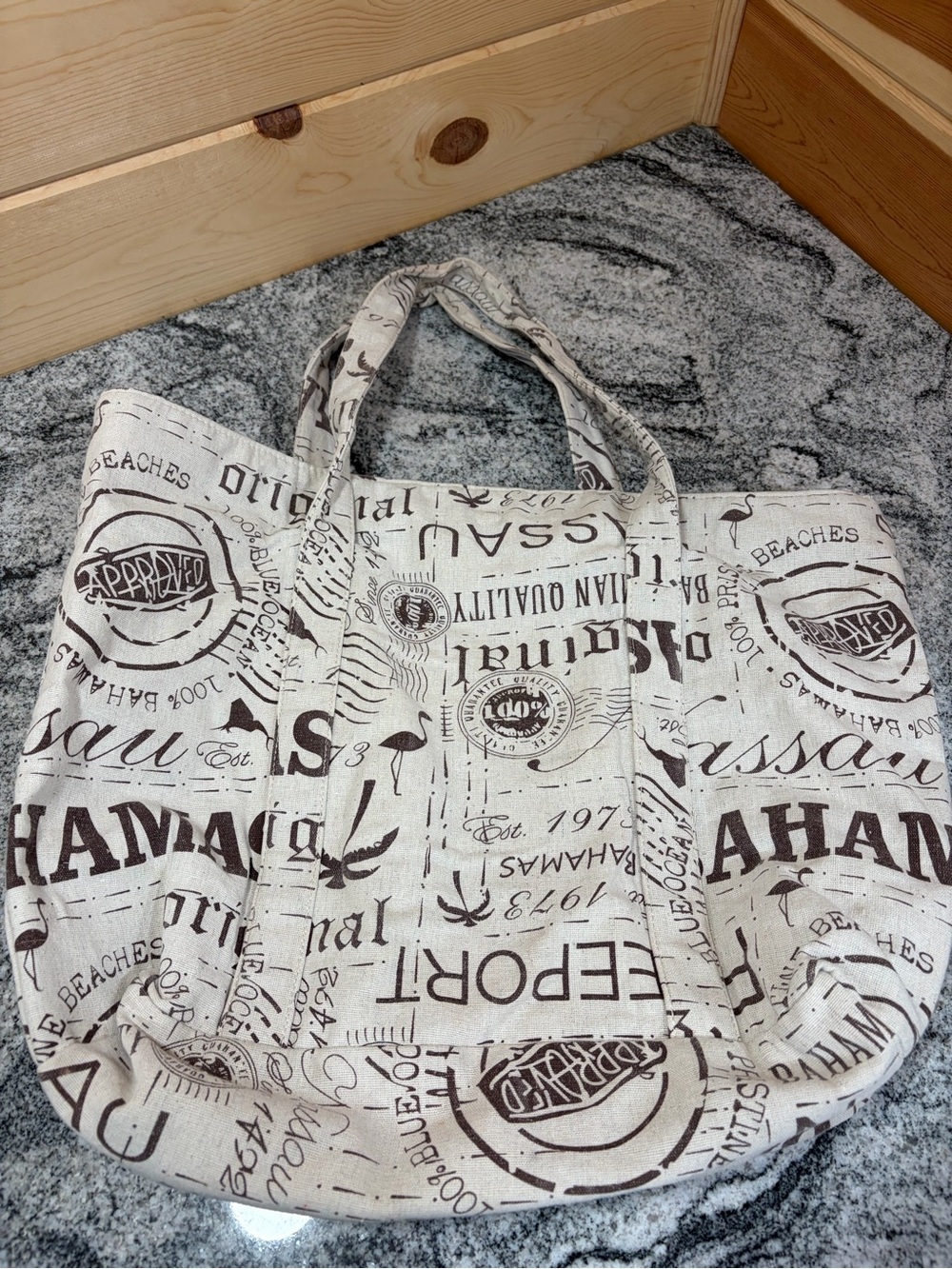 Canvas Printed Beach Tote Bag in Beige with Brown Script